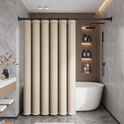 Calefee Petit Rideau de Douche 70x180, Rideau de Bain Polyester Effet Lin Beige, Rideau de Douche Imperméable avec Oeillets