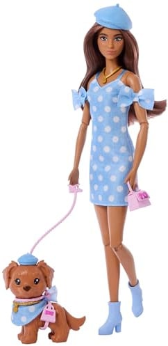 Barbie Puppe und Hund im Partnerlook – passendes Outfit und Zubehör | Blau gepunktete Kleidung und Zubehör; beide lieben Baretts und Handtaschen, braune Haare, JFP38