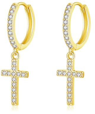 Loutade Ohrringe Silber 925 Hängend, 925 Sterling Silber Creolen mit Kreuz Anhänger, Hypoallergen Leicht Ohrringe Creolen Gold, Huggie Kreolen Goldene Ohrhänger Geschenk für Damen Mädchen Frauen