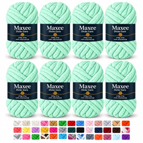 Maxee Dicke Wolle 8 x 250 g, XXL Chunky Garn zum Armstricken und Handstricken, weiches Roving-Garn zum Häkeln und Stricken für Decken, Kissen, Teppiche und Haustierbetten-35-Wasser Grün