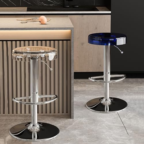 Juego de 2 taburetes de bar giratorios de acrílico transparente modernos y ajustables con detalles azules para isla de cocina, taburetes altos sin brazos elegantes y elegantes