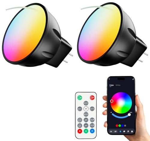 Noobibaba Bombilla LED MR11 inteligente Bluetooth, 3 W 12 V para proyectores, casquillo GU4 de dos pines, 16 millones de colores, control por aplicación Bluetooth y mando a distancia, paquete de 2
