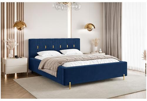MEBLINI Fabio Polsterbett 200x200 mit Stauraum - Lattenrost und Bettkasten - Kopfteil Bett mit Stauraum - Doppelbett - Stauraumbett - Betten - 200x200 - Blau Samt/H3 Matratze