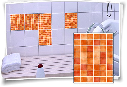 Medianlux Fliesen-Aufkleber Fliesen-Bild Fliesen-Imitat Mosaik Orange Bad WC Deko Dekor Badezimmer Kachel Folie Digitaldruck, 12 Stück, 20x25cm