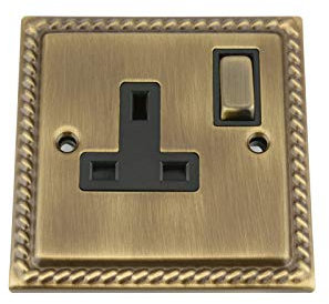 Antique Brass Georgian Socket 1 Gang Black Insert Metal Rocker Switch