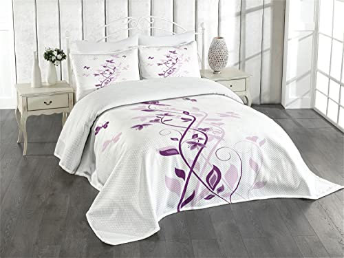 ABAKUHAUS Lila Tagesdecke Set, Violet-Blüten, Gestepptes 3-teiliges Bettdecken-Set mit 2 Kissenbezügen, für Einselbetten 170 x 220 cm, Pflaume Weiß