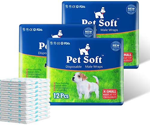 Pet Soft Hundewindeln - Einweg-Hundewindeln für Rüden, Welpenwindeln, Inkontinenz-Windeln für Rüden,12 Stück,superabsorbierende Hundewindeln für Hunde bei Harninkontinenz, XS(6-13’’)