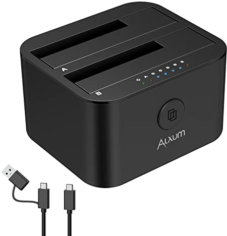 Alxum USB C & USB A Hard Drive Docking Station, Two Bay Type C USB 3.0 to SATA Hard Drive Caddy Dock with Offline Clone Function for 2.5 Inch & 3.5 Inch HDD SSD, Equipped with Two USB A & USB C Cable