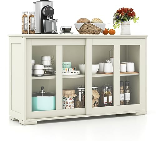 COSTWAY Buffet Cuisine, Armoire Cuisine avec 2 Etagères, 2 Portes Coulissantes en Verre, Meuble Bas Cuisine pour Salon, 107 x 33 x 62 cm (Blanc Laiteux)
