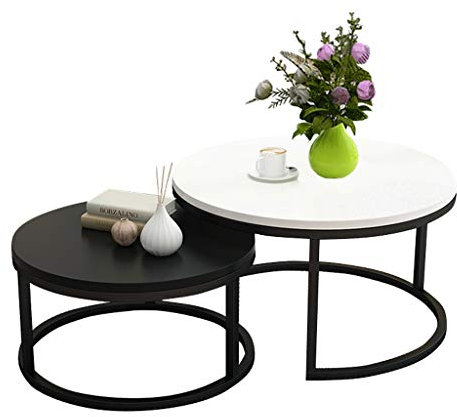 Lot de 2 Tables Basses Gigognes laquées Jaune Blanc, Table d'appoint Ronde Scandinave, Table Basse de Salon Moderne, Extensible, Empilable, Blanc et Noir