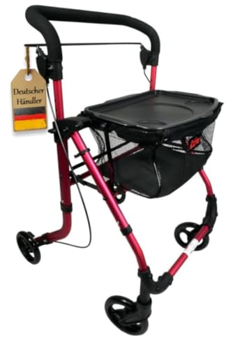 FabaCare Indoor Rollator ActimoHome, schmal mit Tablett, Leichtgewicht Wohnungsrollator faltbar, Heimrollator, bis 100 kg, Himbeerrot
