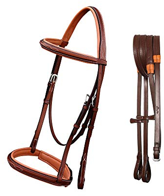 Exion English Hunter Trense mit Designer genähtem Stirnband & Hunter Reithalfter - anatomisches Mono Kronenstück, gepolstertes Reithalfter, Gummizügel - Pferd, Cob, Pony, Oversize - schwarz, havanna