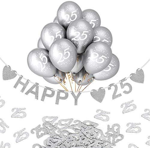 Oblique Unique® 25. Geburtstag Silberhochzeit Party Feier Deko Set - Happy 25 Girlande + Luftballons Zahl 25 + Konfetti Zahl 25 - Silber Weiß