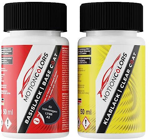 MOTIONCOLORS Brilliant Black LY9B / Y9B / A2 für Volkswagen/VW Autolack Lackstift Set Basislack und Klarlack je 50ml