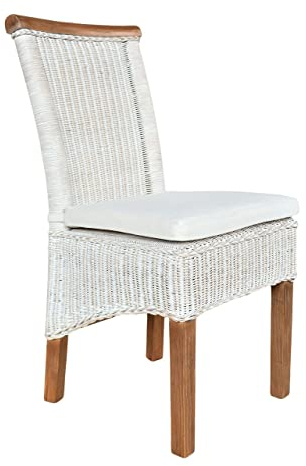 kreatives Wohnen Rattanstuhl Esszimmer-Stuhl Perth Sitzkissen Leinen weiß, Holz, Extra breit, KRW003015-00KA03-000028, Mit Sitzkissen
