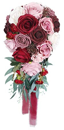 Harilla Handgemachte Brautstrauß Wasserfall künstliche Rosen mit strauß für Kirche Feiern Dekor, Rot