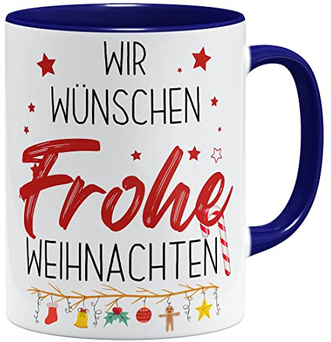 OM3® wir wünschen Frohe Weihnachten Tasse Merry Christmas - Keramik Becher - 11oz 325ml - Beidseitig Bedruckt - Dunkelblau