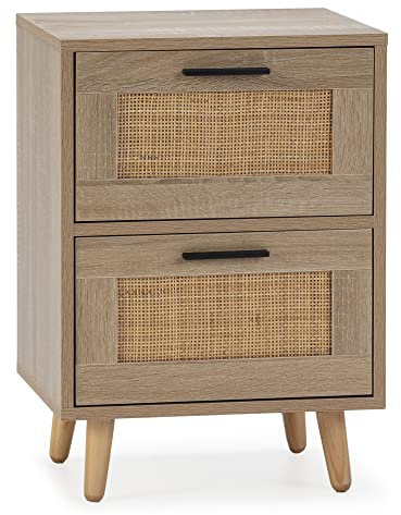 HOMN LIVING Mesita de Noche Dalia 2 Cajones Color Roble, guías metálicas, 40 cm (Ancho) 34 cm (Profundo) 57 cm (Altura)