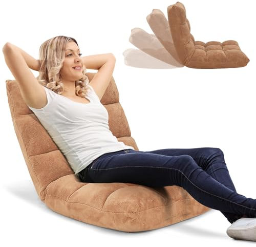 RELAX4LIFE Fauteuil Bas Multiposition Réglable en 14 Angles, Chauffeuse Convertible Fauteuil Paresseux 1 Place Adulte Rembourré Charge 120kg, 105x57x15CM(Molleton de Corail, Abricot Pâle)