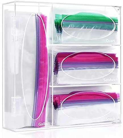 Ziplock Bag Organizer Acrylic Food Storage Containers for Drawer, Kitchen Bag Organizer Compatible with Gallon Quart Sandwich Snack -Clear