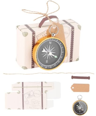60 Stück mit Kompass und Kraftetiketten, Mini Koffer Hochzeitsbox, Süßigkeitenbox, Kompass Souvenir Für Hochzeit, Jahrestag, Reisen, Abschlussfeier, Party(Gold)