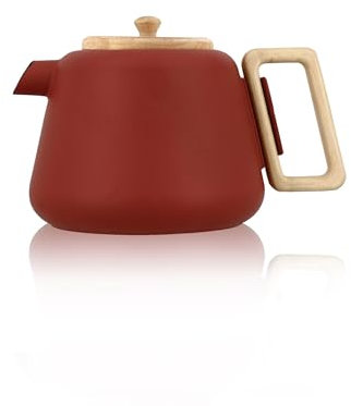 OGO LIVING - Théière en fonte Viggo 1000ml Paprika avec filtre en inox - Poignée et couvercle en bois - Idéale pour les amateurs de thé