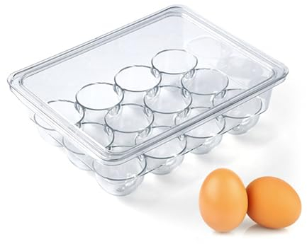 Lvjkes porta uova da frigo, contenitore per uova a 12 cinture, Dispenser per uova in plastica con coperchio, Portauova trasparente per frigorifero impilabile, 22.3 x 17.3 x 7.7 cm