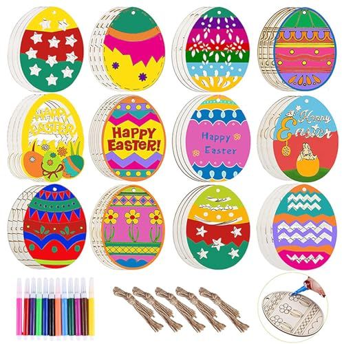 Funmo Ostereier Bemalen, 48 pcs Ostern Eier Holzscheiben mit Loch zum Aufhängen Easter Eggs, Ostern Basteln, Ostereier Deko, Eier zum Bemalen, für Draussen Innen Frühlingsdeko