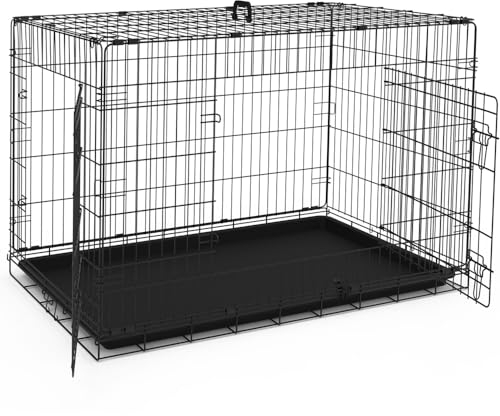 VOUNOT Hundekäfig Klappbar, Hundebox Auto Hundetransportkäfig mit Doppeltüren, 2 Transportgriffen & Bodenschale, XXL 122x75x81cm, Schwarz