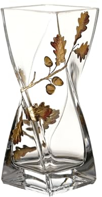 Gold Oak Leaf & Acorn Design Contemporary Square Twist Glass Flower Vase - Mouth Blown/Hand Decorated Glass - Ideal Golden Wedding/50th Wedding 20 cm
