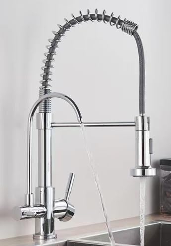 KEOKBON 3 Wege Wasserhahn Küche, 3 in 1 Spiralfeder Küchenarmatur mit Brause ausziehbar, 2 Hebel Spültischarmatur Küche für Wasserfilter, Mischbatterie with kalt, heiß wasser und trinkwasser(Chrom)