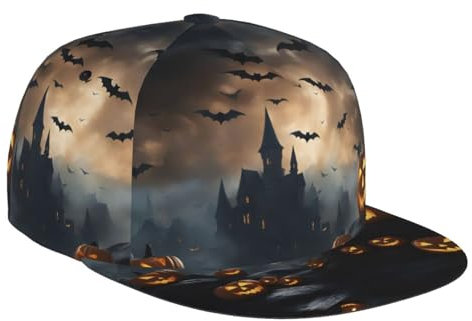 DRTGEDS Halloween Ghost Pumpkin Flat Bill Hüte für Herren Snapback Hat Baseball Cap Fitted Hat Snap Rucksack, Halloween Fliegende Fledermäuse 3, Einheitsgr��e