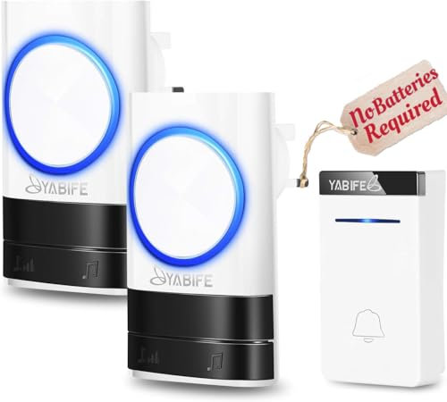 YABIFE Self-Powered Wireless Doorbell, Cordless Plug in Door Bells, IP44 Waterproof Door Chime Bell, 58 Ringtones, 0-110dB Loud 4 Levels Volume, 500-1003ft Range, No Battery Required White