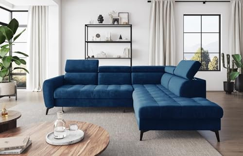 Easy4You Bjorn Velvet L-Shaped Corner Sofa, Navy Blue, 260 x 101 x 215 cm, Sofa Bed with Bed Box and Sleep Function, Corner Couch with Storage Space, Adjustable Headrests, Right, Monolith 77 Fabric