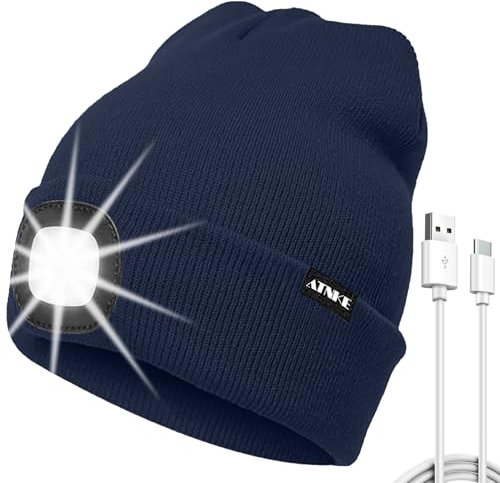 ATNKE LED Mütze mit Licht, USB Typ C Wiederaufladbare 4 LED Beleuchtete Laufmütze Extrem Heller Lampe Winter Warme Stricken Mütze für Herren und Damen Geschenke/Light Navy Blue