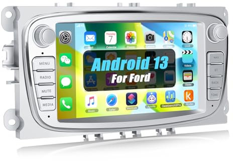 CAMECHO 1+32G Android 13 Radio Coche para Ford Focus mk2 Mondeo Cmax Galaxy Smax Kuga, 7 Pulgadas Pantalla Táctil con WiFi/GPS/Bluetooth/USB/FM/MirrorLink(Silber)