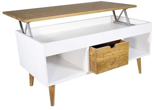 LoMasCasa - Mesa de Centro Elevable Modelo Karla 24 con Cajón Deslizante Central, Madera Maciza de Pino Natural en Color Blanco y Madera de Nogal Trapeado. Patas Cónicas. Medidas 100 x 50 x 47 cm