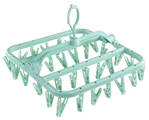 SYF-UN Clothes Drying Hanger with 32 Clips, Foldable Design Multi-Functional Sock Dryer and Rotary Wind-sock hanger for washing line, Ideal Hanger for Socks Underwear Bras Clothes (Green)
