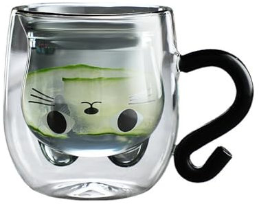 volumoon Cute Cat Mug, Milk Cup Double Wall, Insulated Glass Espresso Cups, Cappuccino Latte Glass Milk Tea Cup, Clear Mugs with Handles for Women Cat Lovers Home Office Birthday Gift 300ML (Black)