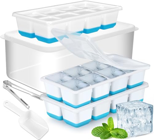 Grosse Eiswürfelform mit Deckel und Behälter, JRISBO 3 Stück Silikon Eiswürfelformen Groß Sichere & BPA Frei, 4,5 cm Große Eiswürfelbehälter Bausatz XXL Eckig Eiswürfelschalen