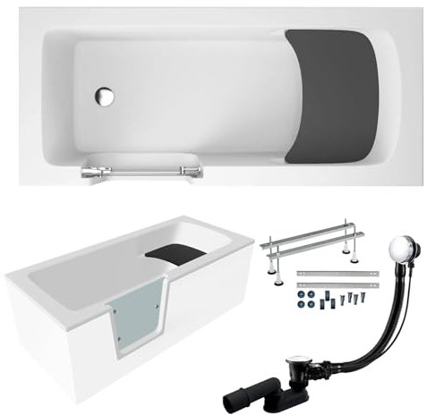 BADLAND Premium SET 5in1 Badewanne Rechteck Acryl Weiß Wanne, Seniorenbadewanne mit Glastür und Holzsitz VOVO 160x75 cm, Links, Made in EU, mit Ablaufgarnitur und Füßen