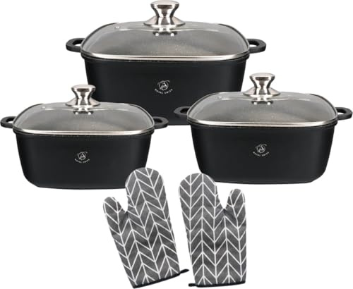 Royal Swiss® Batterie de Cuisine 6 Pièces – Casseroles Carrées Revêtement Effet Marbre – Tous Feux dont Induction & Four – Couvercles en Verre Trempé – Aluminium Antiadhésif – Noir