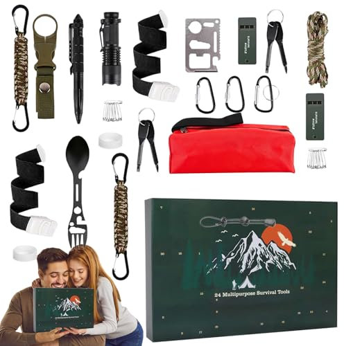 Survival Kit Adventskalender 2024 Männer, 24 Stück Survival Werkzeug Countdown Kalender, 24 Tage Countdown bis Weihnachten Praktisches Survival Ausrüstung für Kletterer, Angler, Rucksacktouristen