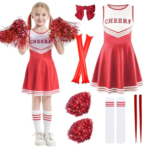XLZJYIJ Cheerleader Kostüm Kinder Kleid, Kinder Cheer Outfit mit Pompoms, Socken und Kopfschmuck, Cheerleadering Outfit Mädchen, Girl Rot Cheerleader Kostüm, Faschingskostüme kinder Cheerleading-130