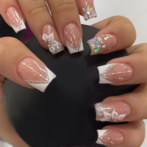 LunarCharm Lot de 24 faux ongles carrés à coller - Rose brillant - French - Avec strass et fleurs - Faux ongles à presser - Faux ongles carrés