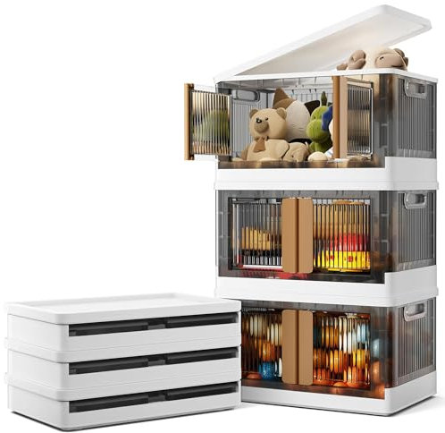 Warmiehomy Stackable Storage Boxes 95L*3 Pack Large Plastic Camping Storage Box with Lids Foldable Collapsible Outdoor Storage Box with Wheels, Front Door Opening Storage Bins for Office Home