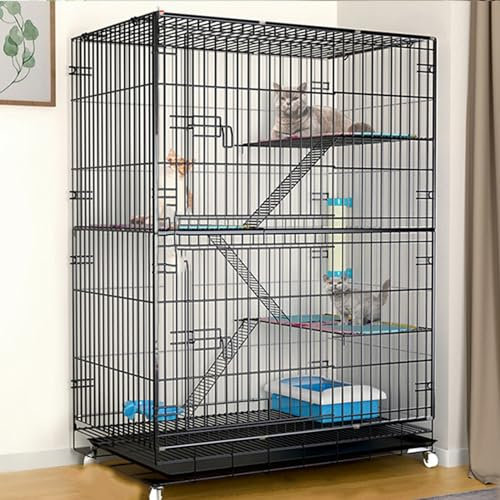 LULUMAIC 3/4-stöckiger zusammenklappbarer Katzenkäfig mit 360°-Lenkrädern, Katzengehege für den Innenbereich mit Plattformen und Leiter, DIY-Katzenlaufstall mit Tablett, abnehmbare