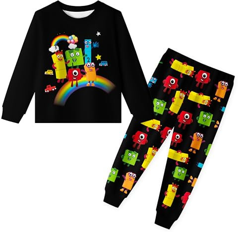 Yovova Boys Number Long Pyjamas Set Kids Long Sleeve Pjs Cartoon Nightwear Sleepwear 2 Piece Outfit for Boys Black