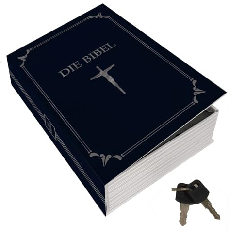 Booksafe L in Bibeloptik blau - Die Bibel - Geheimversteck Bücherversteck im Buch Gottes Buchsafe in Dunkelblau Silbernes Kreuz Bibelversteck