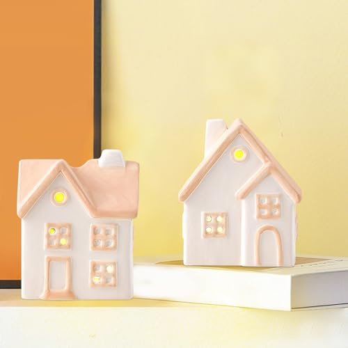2 Stück Keramik Lichthaus, Weiß Teelichthaus,Frühling Deko Porzellan Häuser,Europäische Hohles Windlicht Haus,Lichthäuser Kerzenhaus Teelichthalter Dekoration für frühlingsdeko Osterdeko